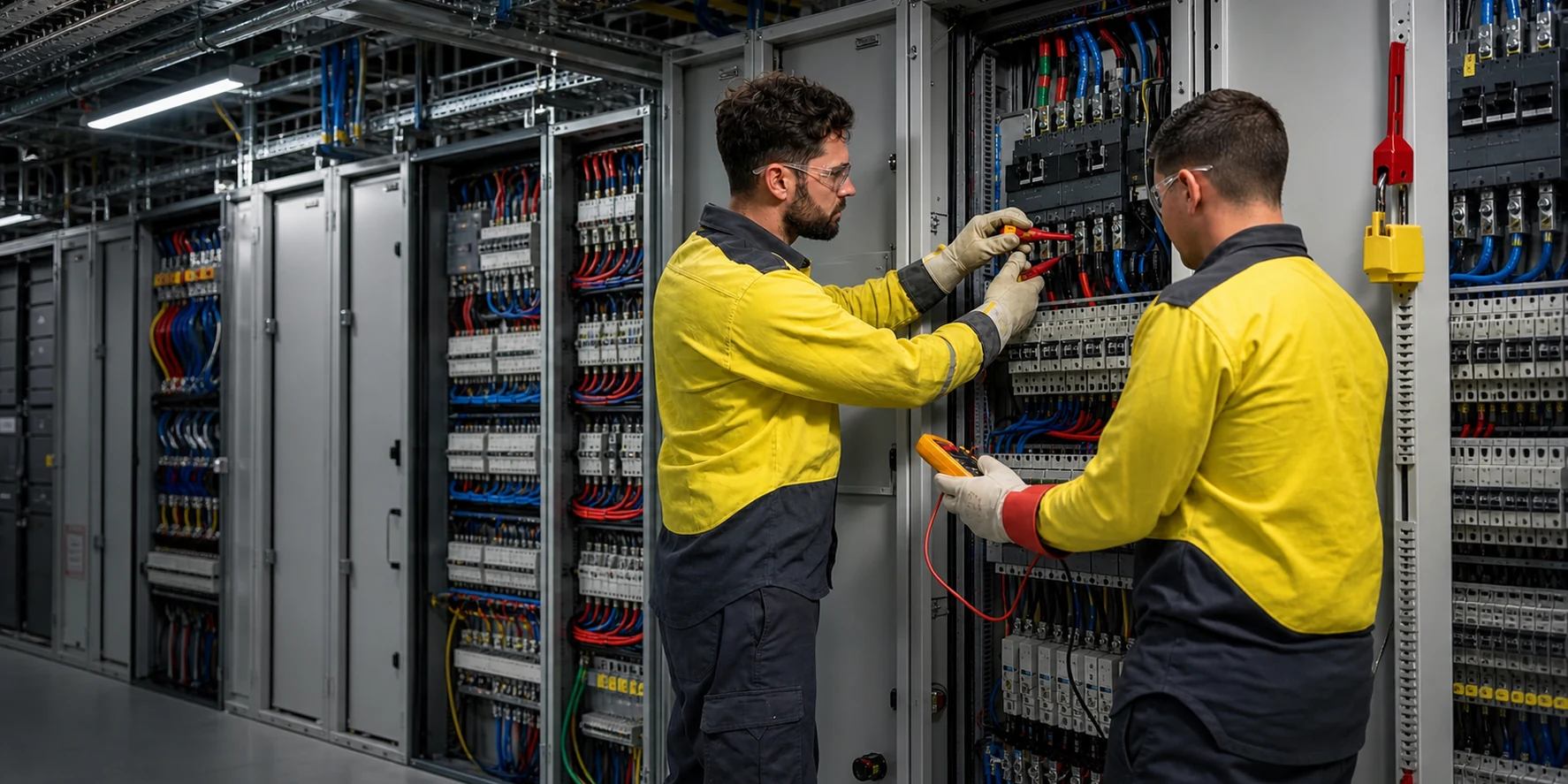 Two electricians testing and repairing a commercial switchboard