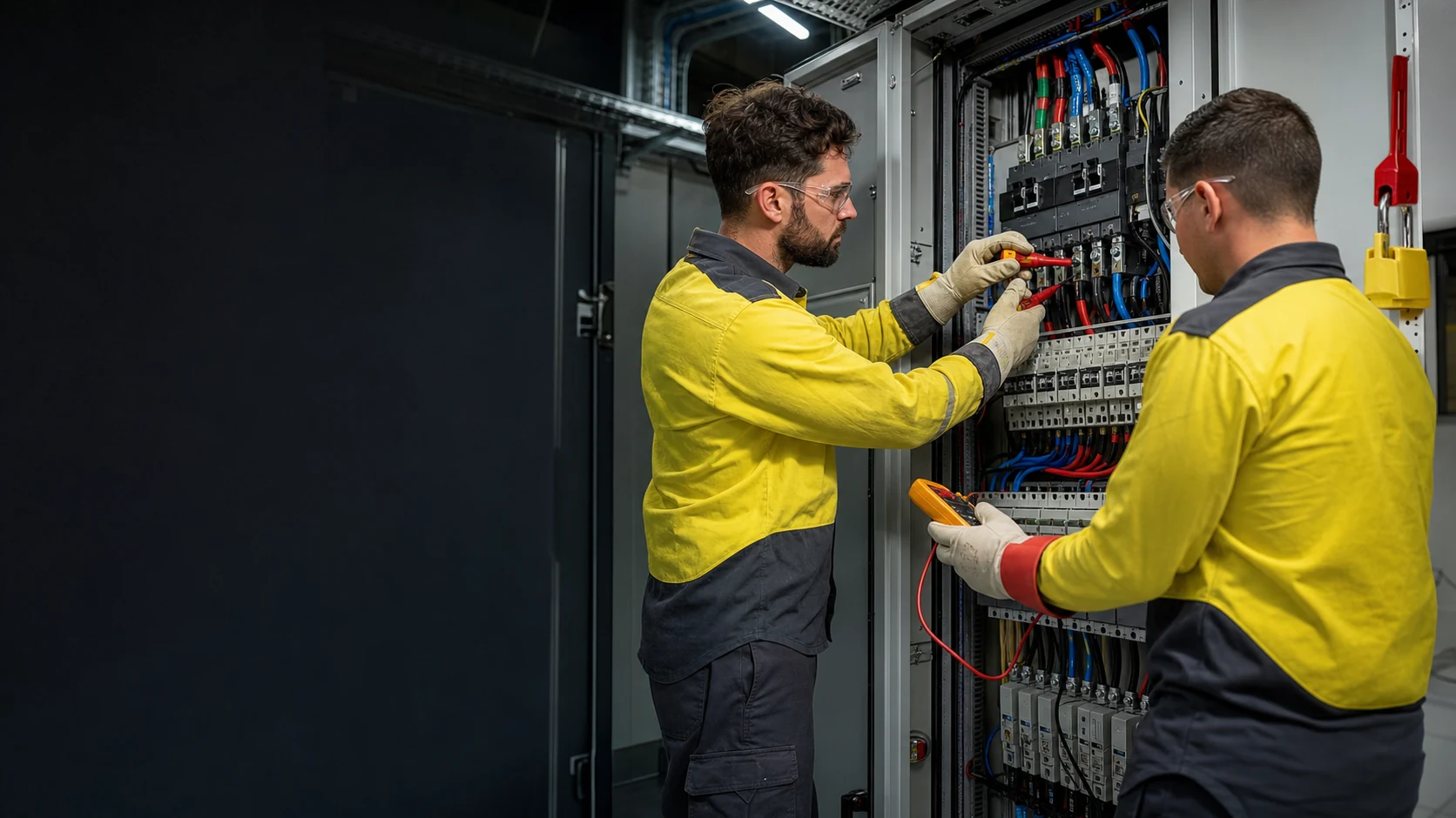 Two electricians testing and repairing a commercial switchboard