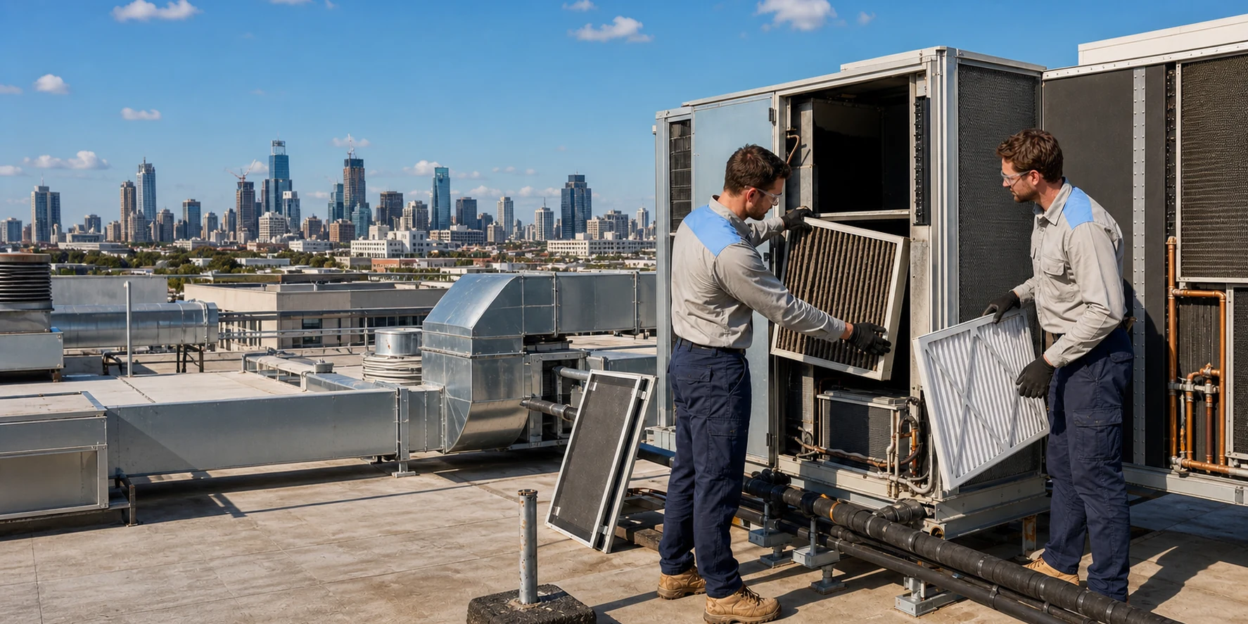 HVAC technicians replacing filters in a rooftop air-conditioning unit