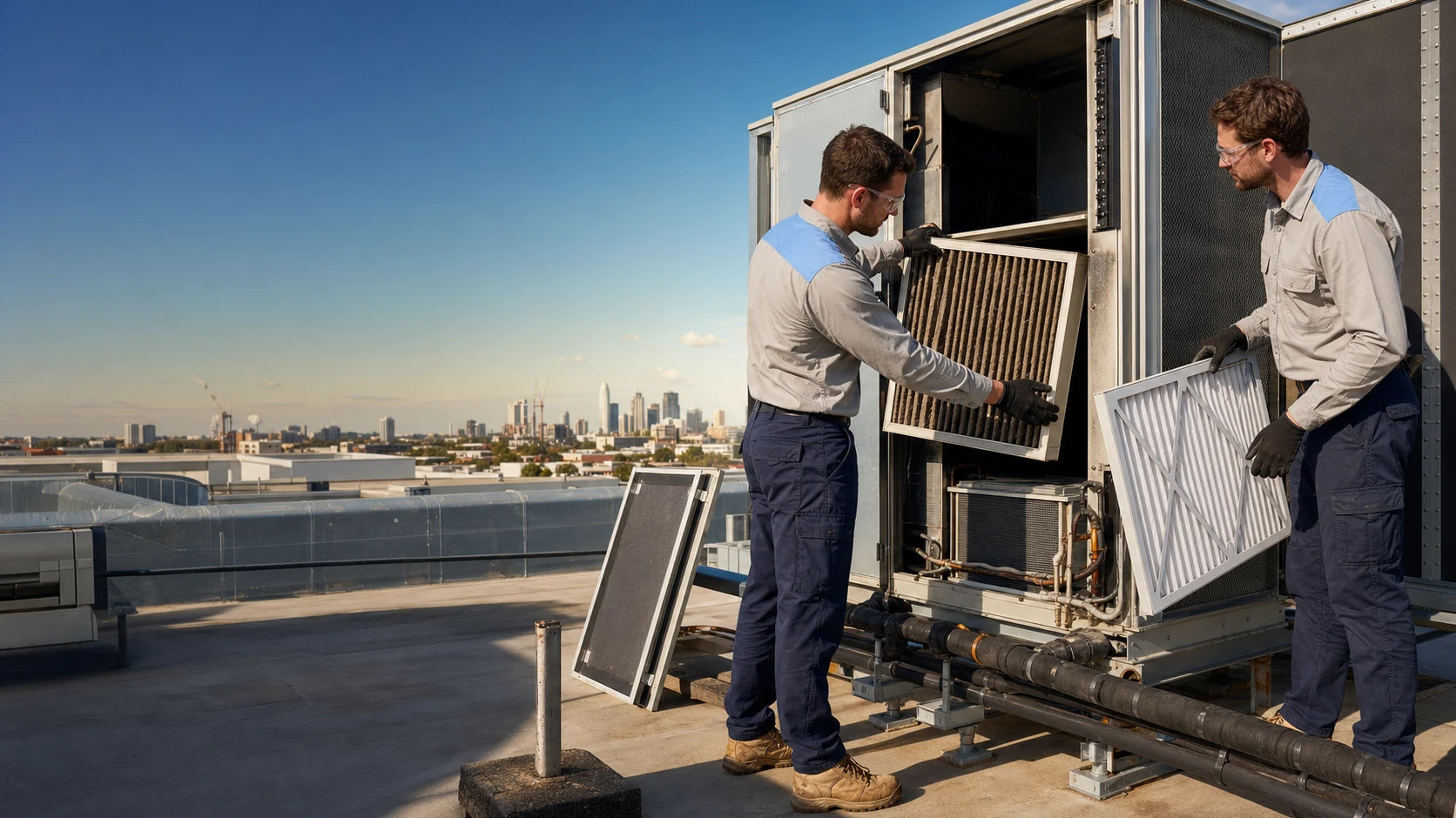 HVAC technicians replacing filters in a rooftop air-conditioning unit
