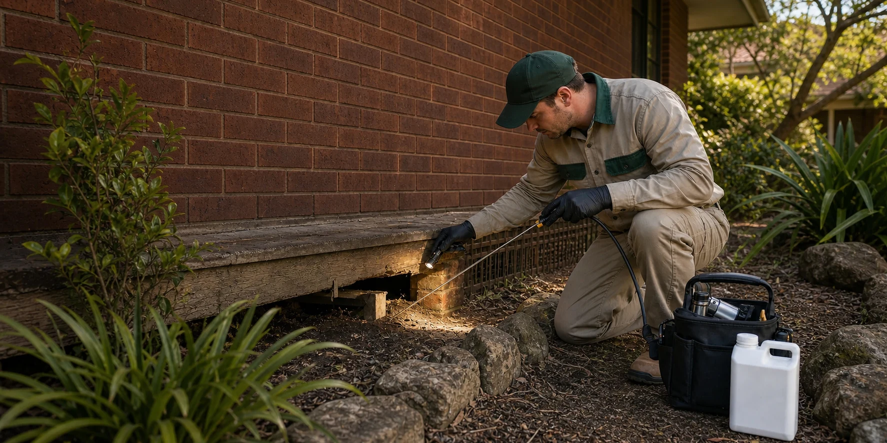 Pest-control technician inspecting a home's foundations for termite activity