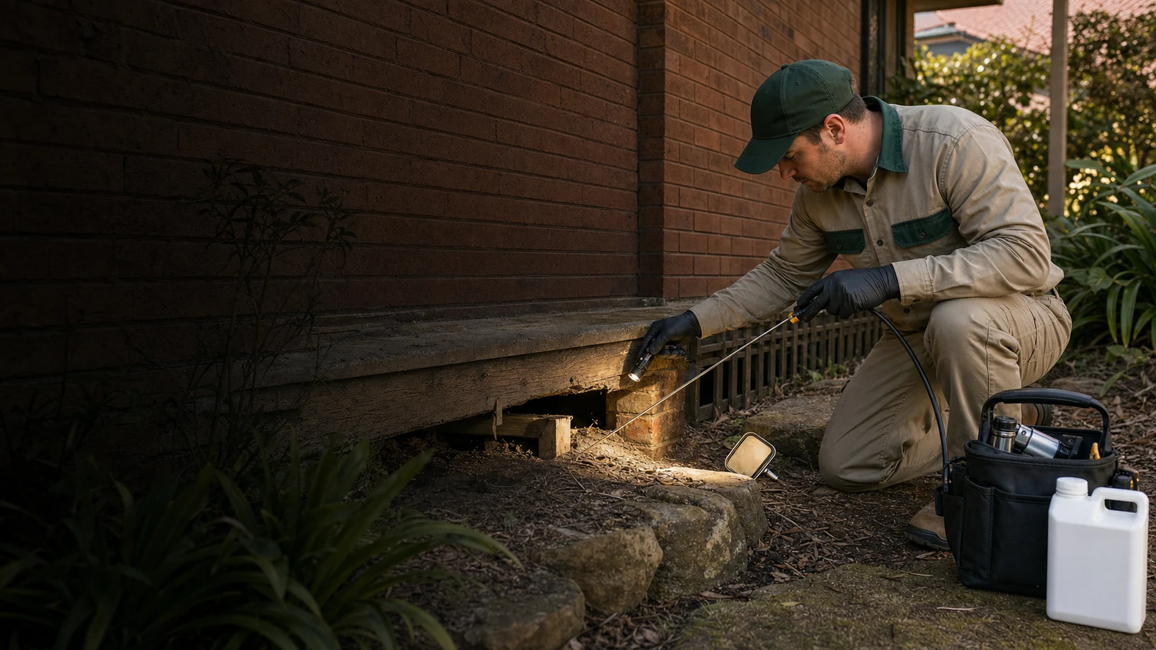 Pest-control technician inspecting a home's foundations for termite activity